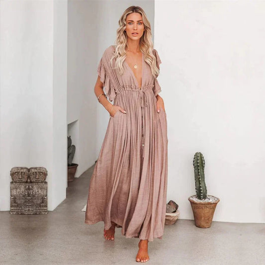 Maxi Taupe Ibiza Dress Anne con tejido ligero para verano