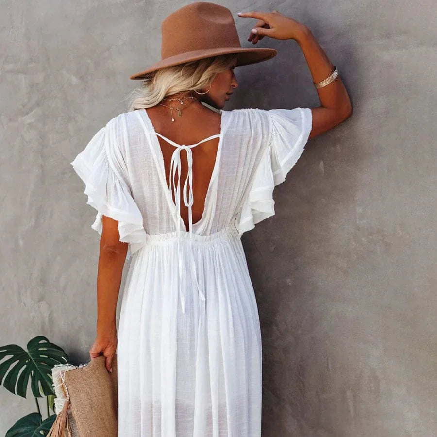 Maxi vestido de playa blanco Jente con escote en V y diseño elegante