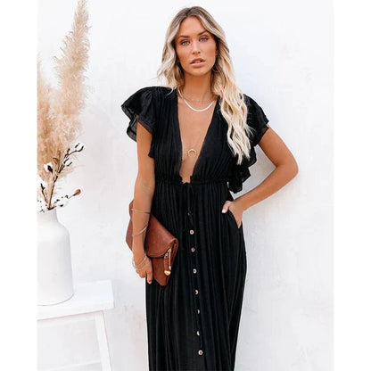 Maxi vestido negro Ibiza Feline con diseño elegante y larga longitud