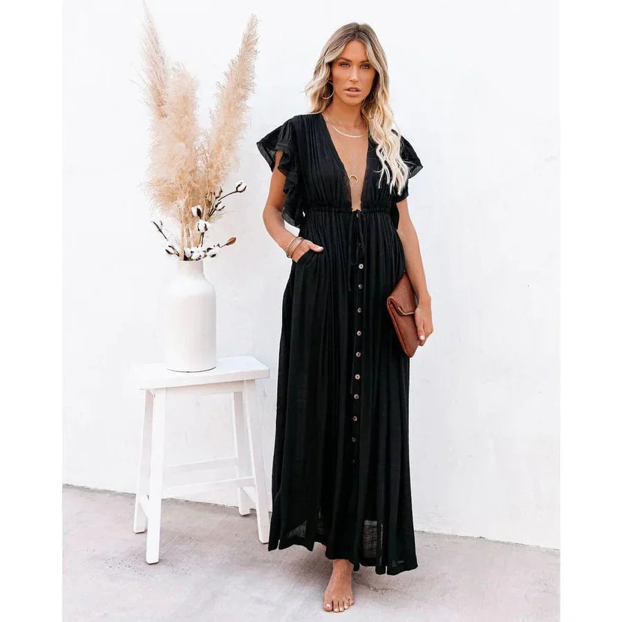 Maxi vestido negro Ibiza Feline con diseño elegante y larga longitud