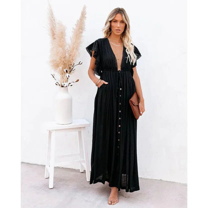 Maxi vestido negro Ibiza Feline con diseño elegante y larga longitud