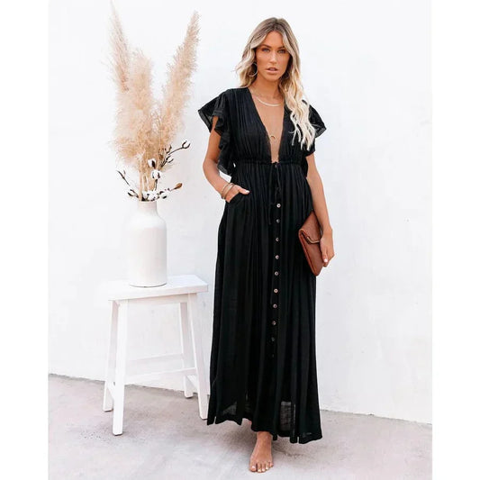 Maxi vestido negro Ibiza Feline con diseño elegante y larga longitud