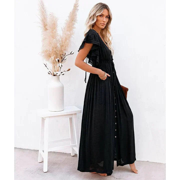 Maxi vestido negro Ibiza Feline con diseño elegante y larga longitud