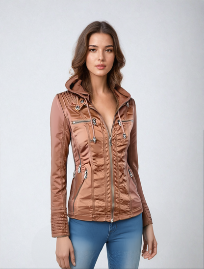 Chaqueta de Cuero Mujer con Capucha Desmontable y Cordones Ajustables