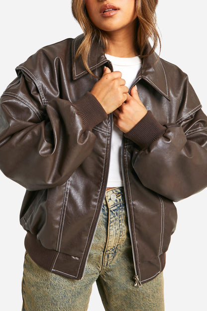 Cuero Bomber Jacket Mujer con Mangas 7/8 y Cuello Clásico