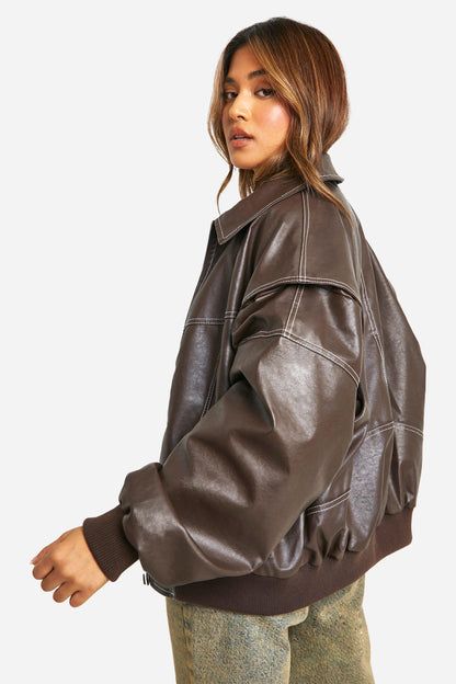 Cuero Bomber Jacket Mujer con Mangas 7/8 y Cuello Clásico