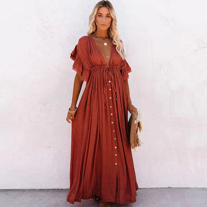 Vestido largo rojo de playa con escote en V para mujer, elegante y femenino