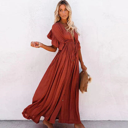 Vestido largo rojo de playa con escote en V para mujer, elegante y femenino