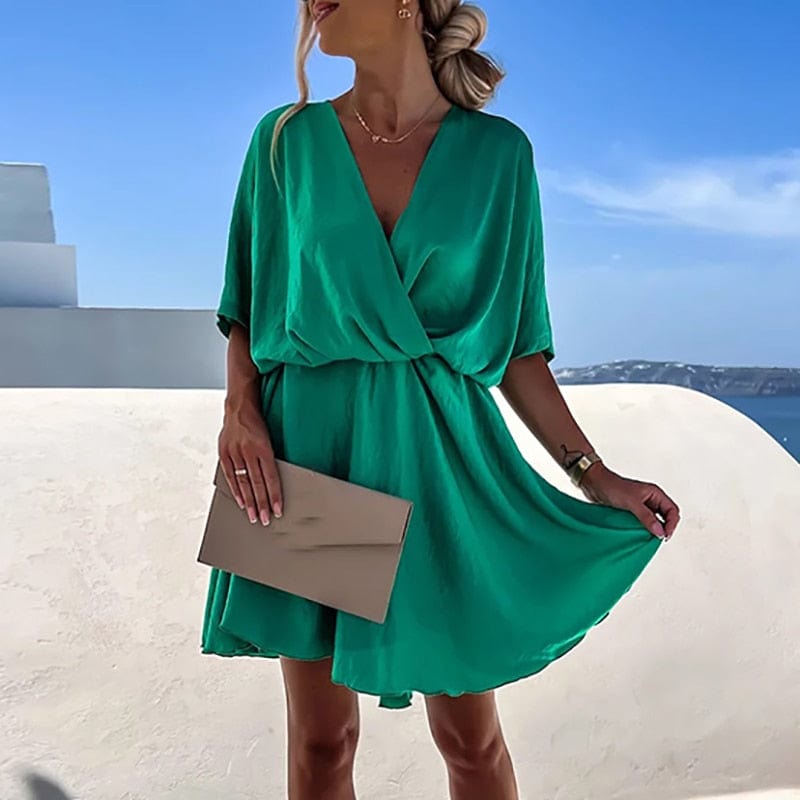 Vestido boho amarillo verde con escote en V para mujer, elegante y festivo