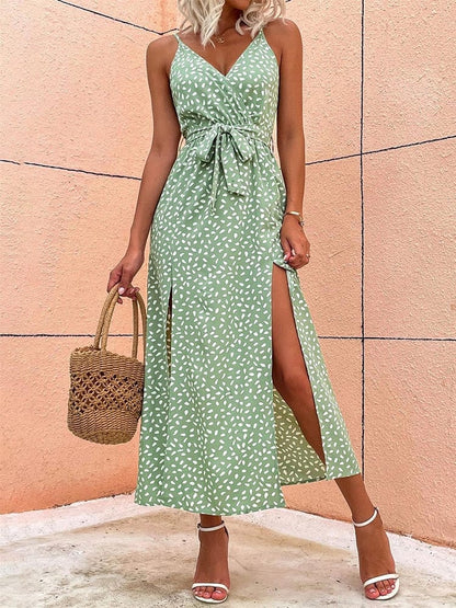 Vestido boho verde claro con escote en V y lunares, estilo Ibiza