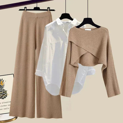 Set Tina tres piezas para mujer con suéter, blusa y pantalones amplios, ideal para oficina y casual