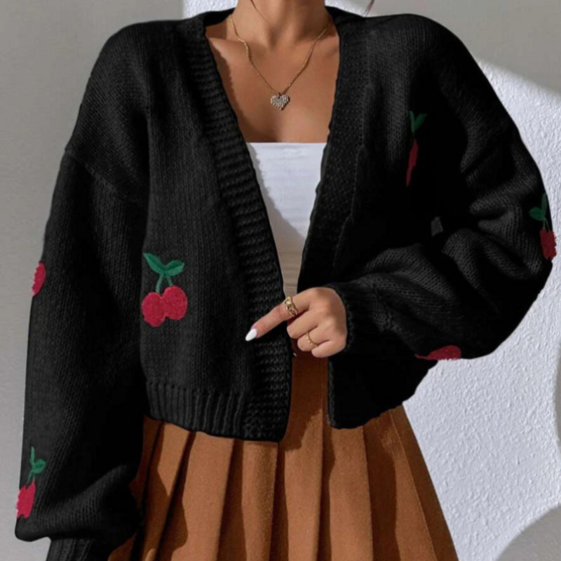 Cardigan de punto con estampado de cereza para mujer, cálido y estilizado