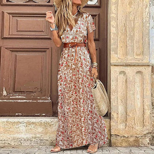 Vestido maxi bohemio con cinturón para mujer, estilo Ibiza elegante