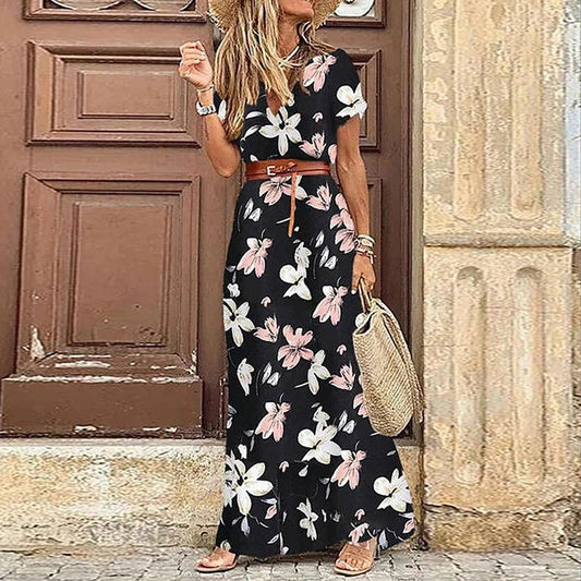 Maxi Ibiza Dress Teske bohemio con cinturón y escote en V