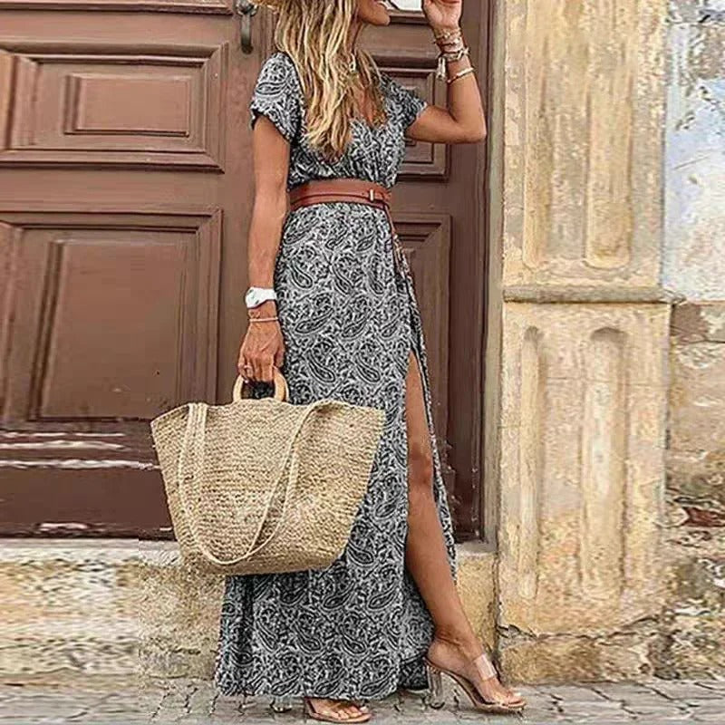 Maxi Ibiza Dress Aafke bohemio con cinturón y escote en V