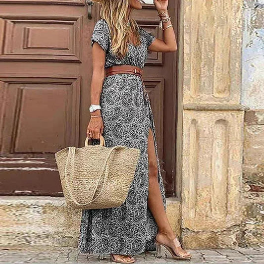 Maxi Ibiza Dress Aafke bohemio con cinturón y escote en V