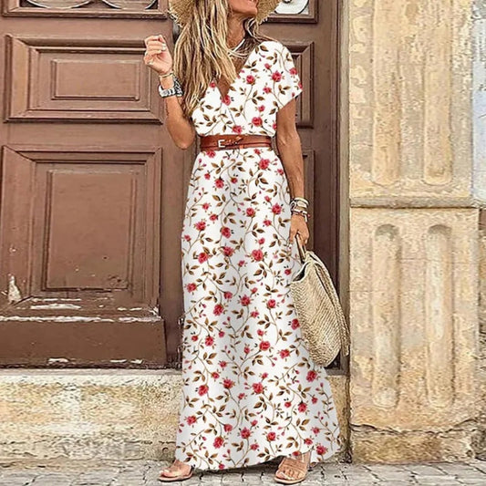 Maxi Ibiza Dress Frouke para mujer, bohemio y elegante, con cinturón y escote en V