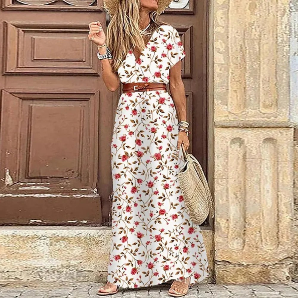Maxi Ibiza Dress Teske bohemio con cinturón y escote en V