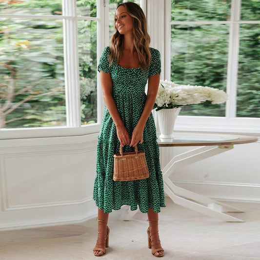 Vestido midi verde bohemio con manga abullonada para mujer, fresco y elegante
