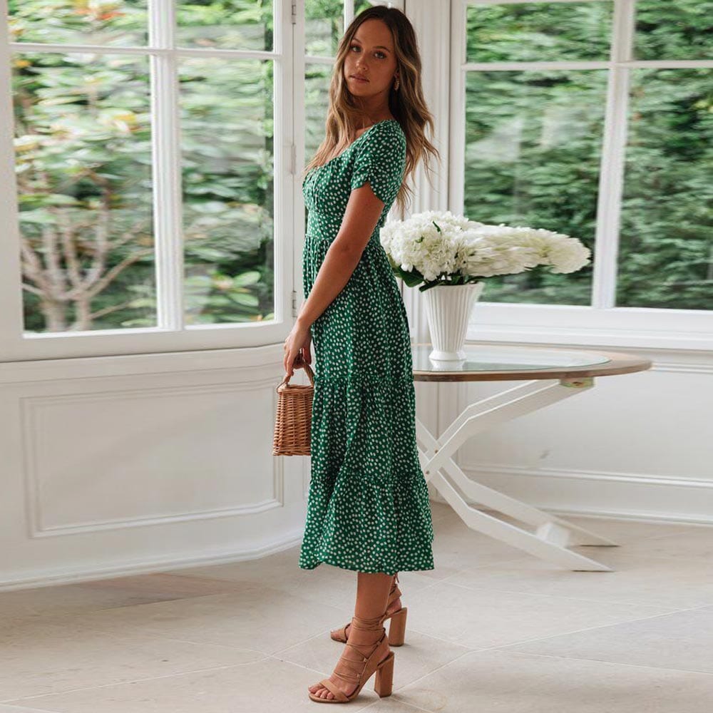 Vestido midi verde bohemio con manga abullonada para mujer, fresco y elegante