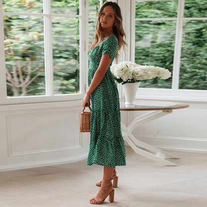 Vestido midi verde bohemio con manga abullonada para mujer, fresco y elegante