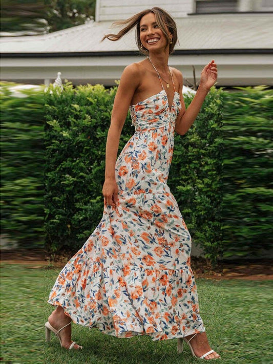 Elin - Vestido de Invitada con Flores Naranjas y Escote en V para Boda de Verano
