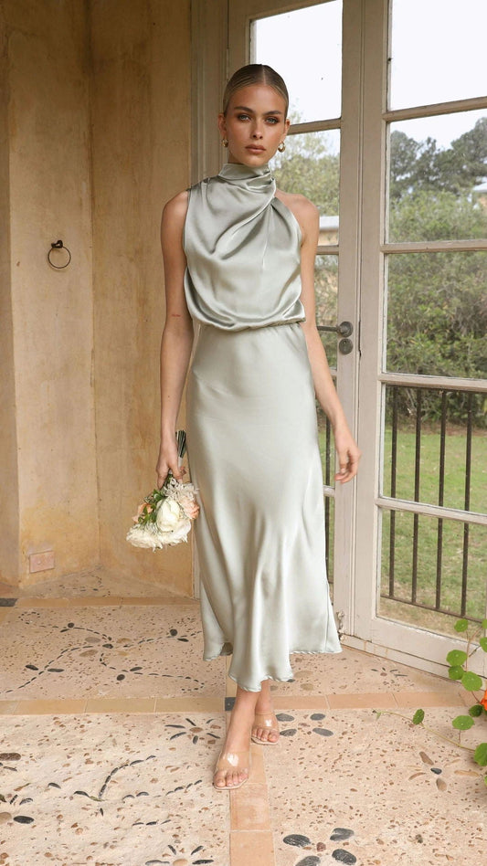 Vestido satinado dorado claro con cuello alto para mujer, elegante y sofisticado Amber