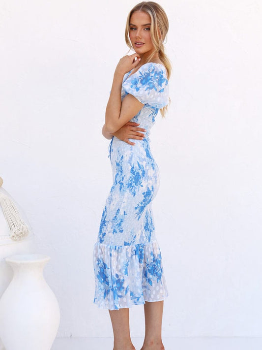 Lena Vestido Midi Sirena Azul con Mangas Abullonadas y Falda Fluida