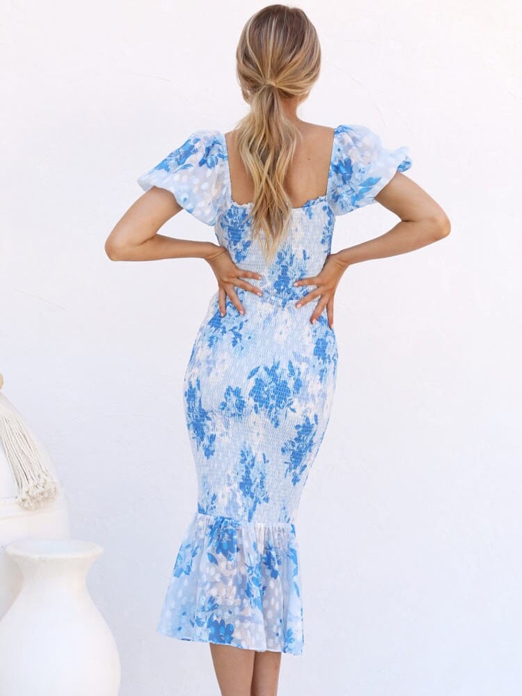 Lena Vestido Midi Sirena Azul con Mangas Abullonadas y Falda Fluida