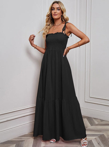 Vestido maxi negro con tirantes espagueti, simple y elegante para mujer