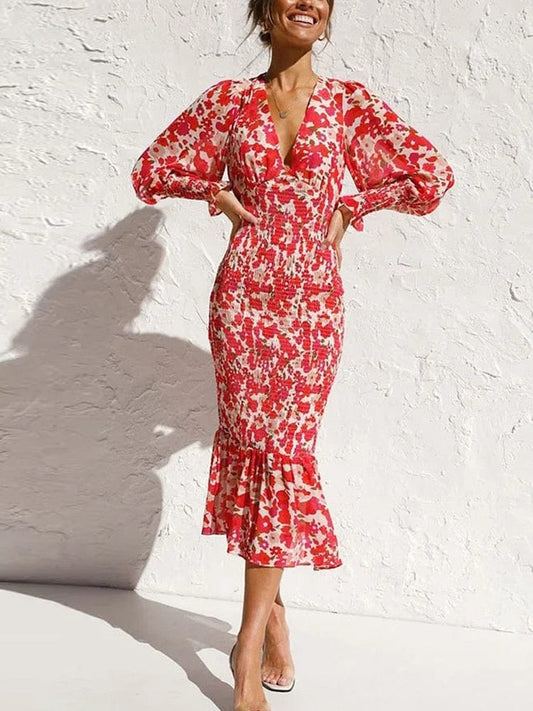 Vestido largo rojo Hannah con escote en V y mangas largas elegantes