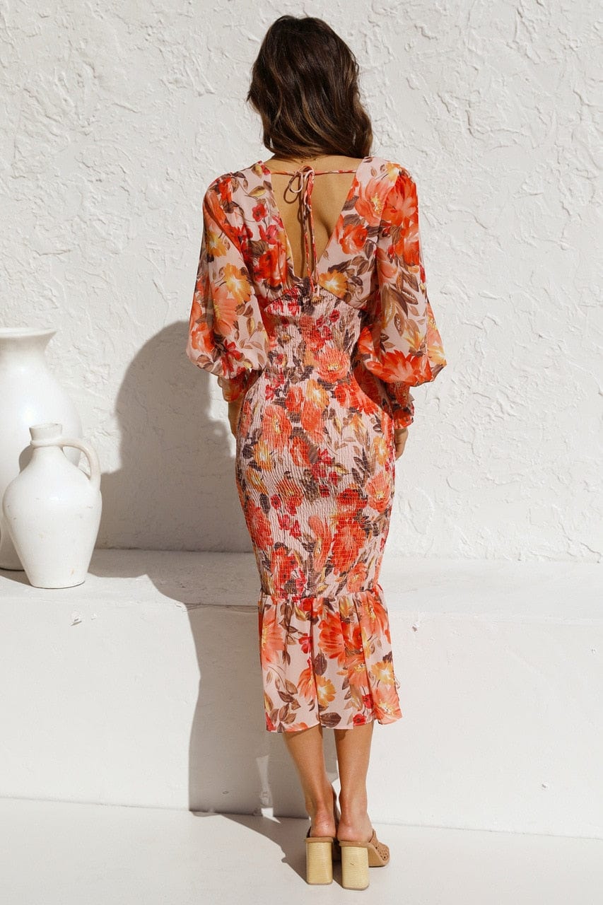 Pip - Vestido de Manga Larga Marrón con Estampado y Escote en V