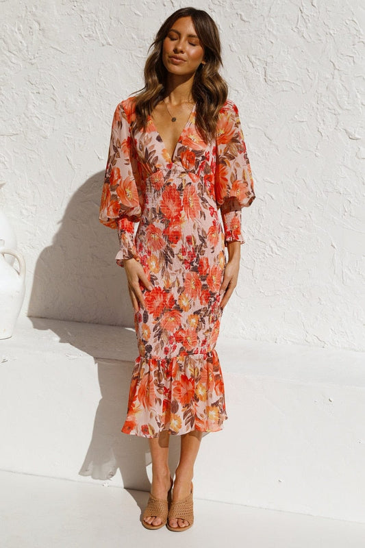 Vestido naranja de manga larga con estampado elegante y escote en V para mujer, estilo sofisticado Kiana