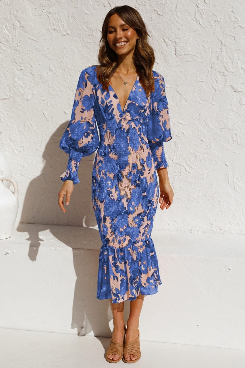 Vestido de manga larga azul con estampado elegante y escote en V para mujer, estilo sofisticado Liona