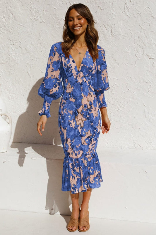 Vestido de manga larga azul con estampado elegante y escote en V para mujer, estilo sofisticado Liona