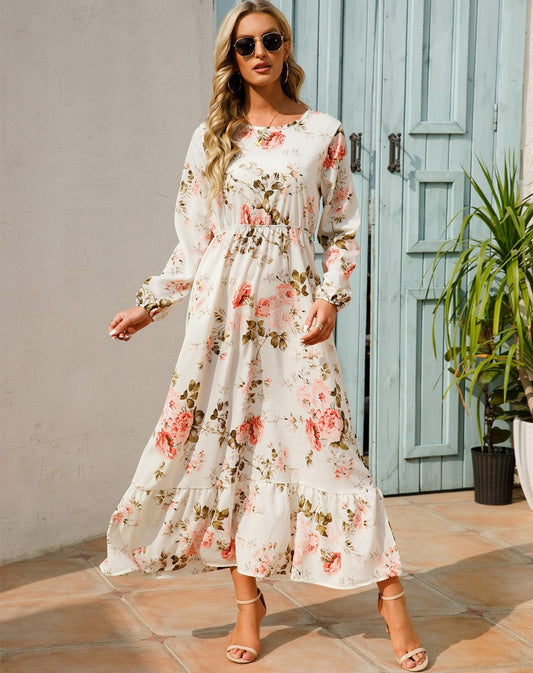 Maxi vestido blanco Julia con estampado floral veraniego y manga larga