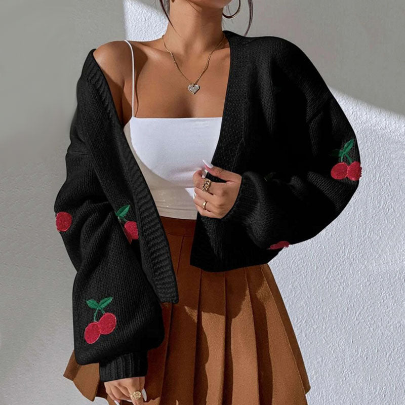 Cardigan de punto con estampado de cereza para mujer, cálido y estilizado